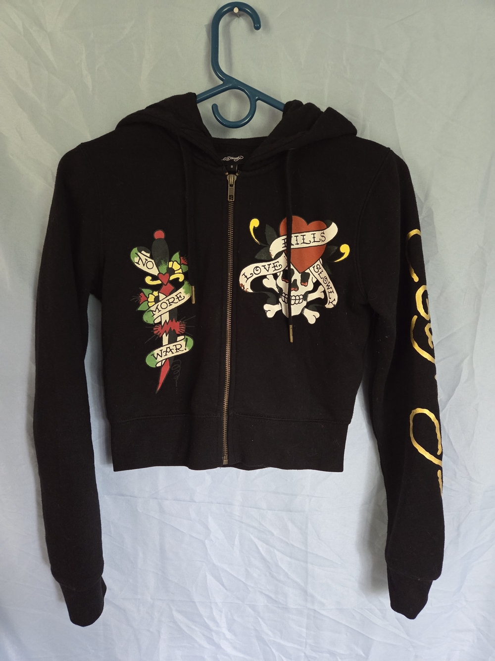 Ed Hardy Cropped Black Zip-Up Hoodie with Multicolor Tattoo Graphics
